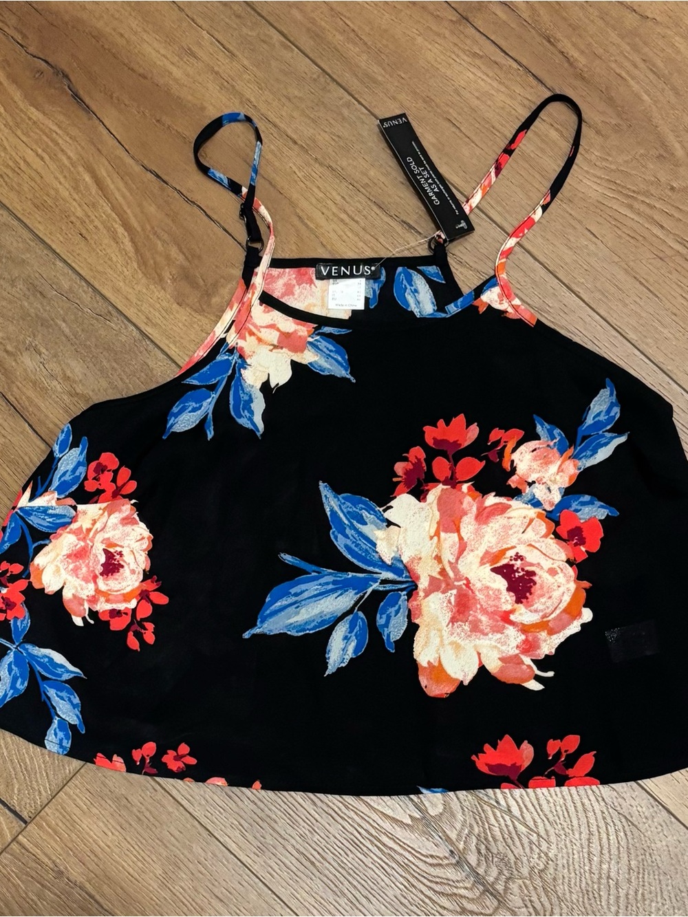 VENUS Black Floral Cropped Cami with Coral and Blue Blooms